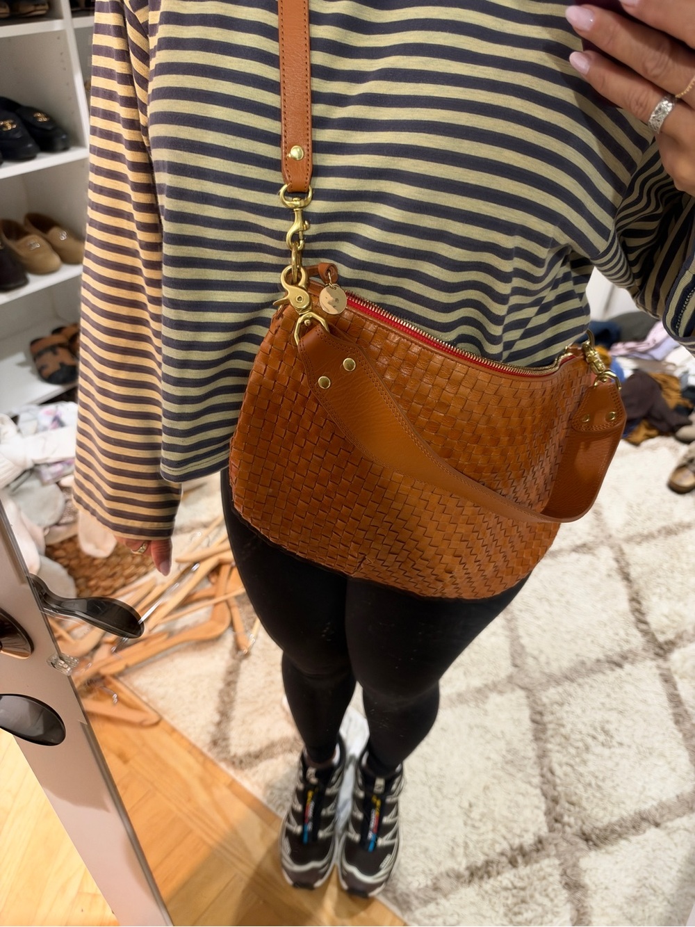 Clare V Moyan Messenger Woven Crossbody Bag in Cognac Brown with Gold Hardware - Picture 6 of 14